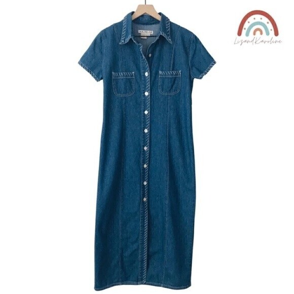 Vintage 90s AMI Stitched Trim Button Down Short Sleeve Denim Maxi Dress - Picture 1 of 8